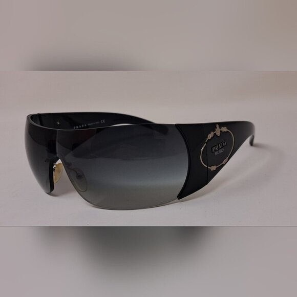 Prada Sunglasses Shield Rimless Oversized Wrap Tinted Black Logo Y2K SPR 16H - Picture 8 of 16